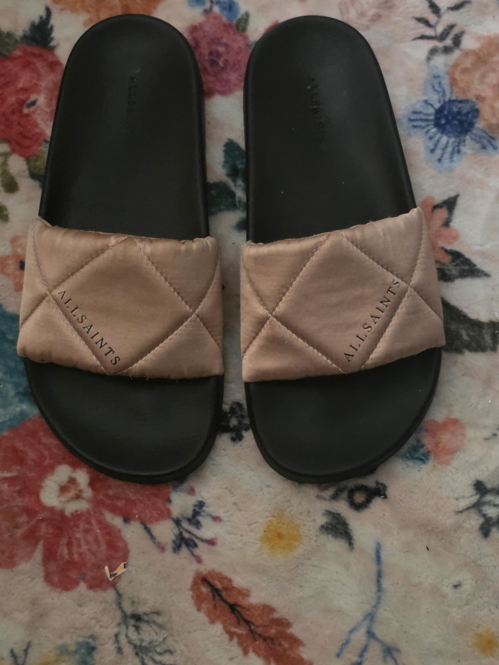 All Saints. Brand New  Quilted Slide Sandals in Blush Pink and Black